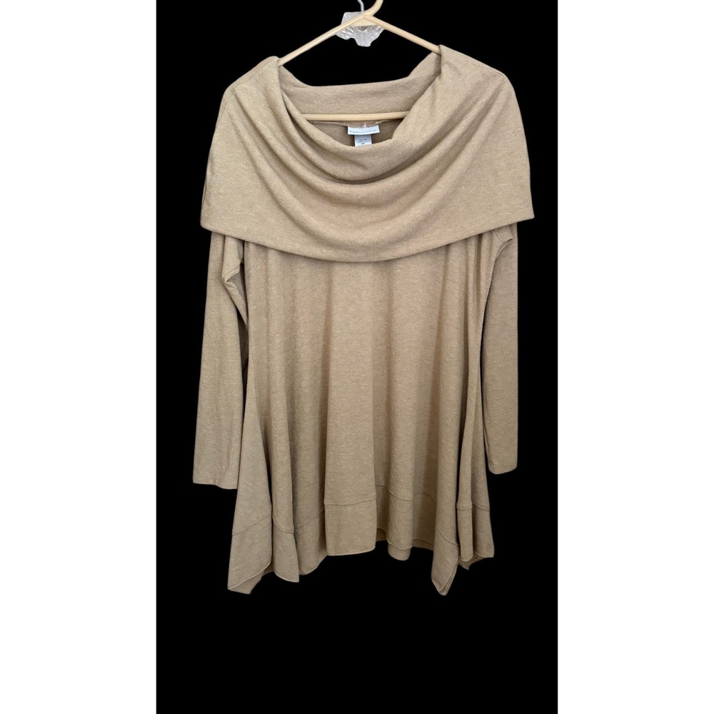Soft Surroundings Tan Knit Top M Cowl‎ Neck Sharkbite Hem Lagenlook Relaxed Work